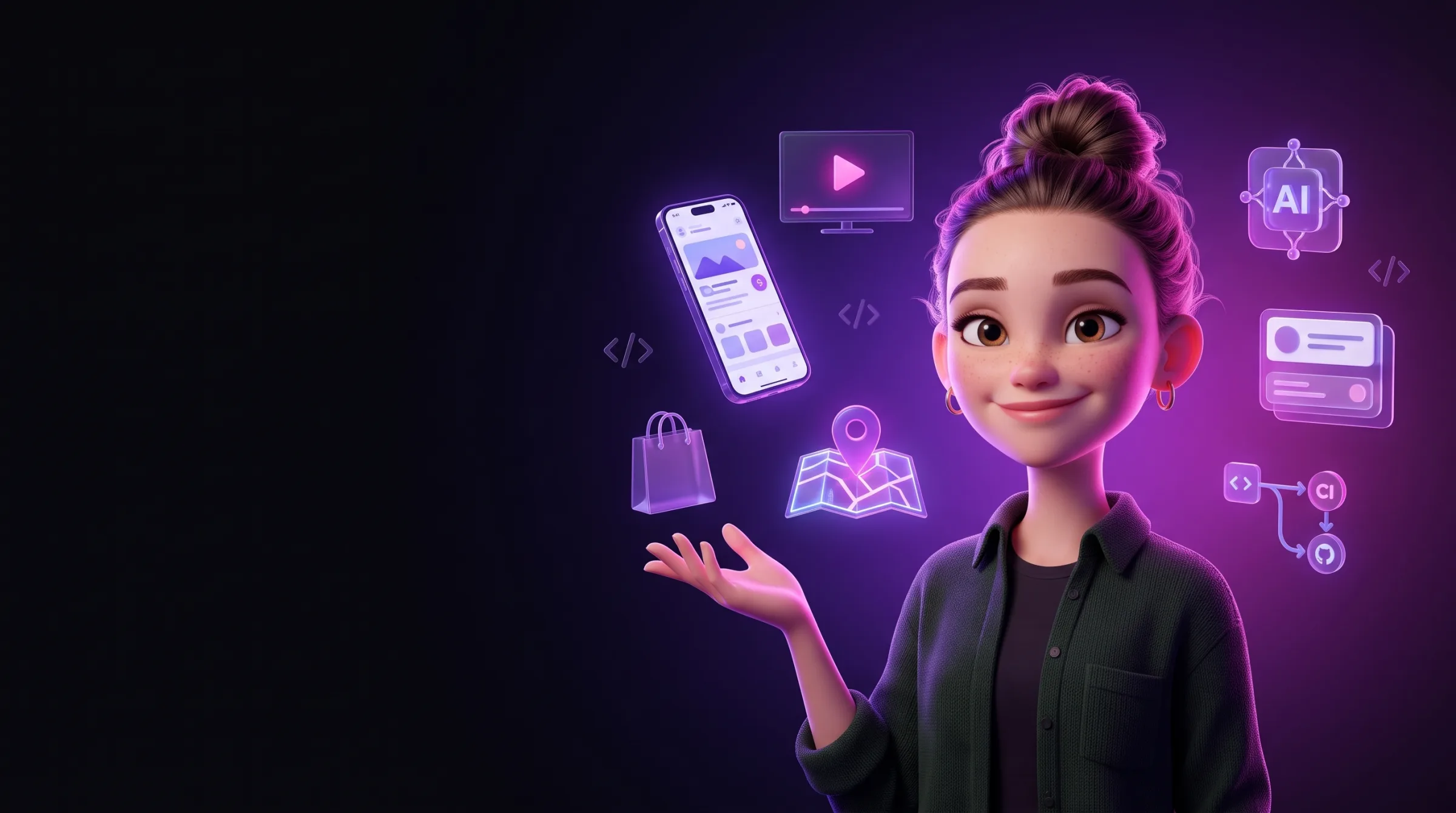 Neon 3D showcase of a decade of Android products — apps, streaming, e-commerce, maps, AI and CI/CD